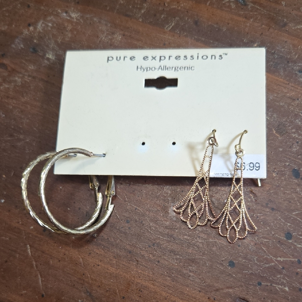 Pure Expressions Gold Tone Hoop and Dangle Filigree Earrings Set (2) NWT💫